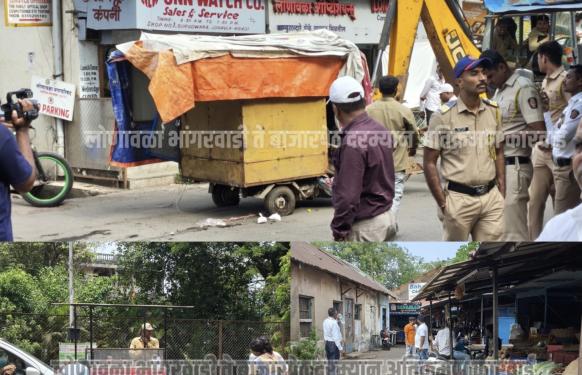 भांगरवाडी मुख्य रस्त्यावर रहदारीला अडथळा ठरणाऱ्या टपऱ्यांवर लोणावळा नगर परिषदेची कारवाई; भाजी मार्केटमधील दुकाने देखील मागे सरकवली